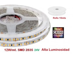Tira LED Flexible 24V 12W/mt 140 Led/mt SMD 2835 IP20, Alta Luminosidad IRC-98, rollo 10mts